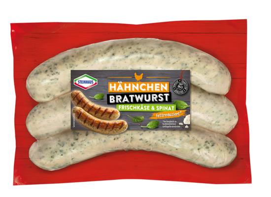 Chicken sausage - cream cheese and spinach – Full flavor with only 5% fat with cream cheese and leaf spinach in a fine chicken sausage meat - stuffed in a pork casing. A fancy sausage for a tasty and unrepentant treat.