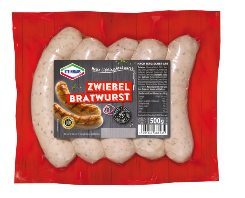 Bergische Zwiebelbratwurst – Saftige Bratwurst-Spezialität, mit frischen Zwiebeln und Petersilie verfeinert – für ein besonders pikantes Grillvergnügen.