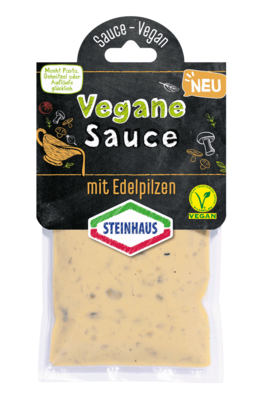 Vegane Sauce mit Edelpilzen – 0 % tierisch – 100 % leckere Sauce mit Champignons und Steinpilzen auf Basis von gesunden Linsenprotein – die toppen alles!