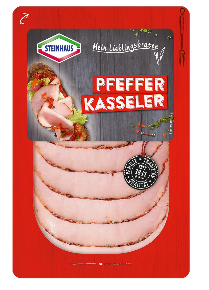 Pfeffer Kasseler – Mild gepökelter Kasseler-Braten aus dem Schweinerücken, mit buntem Pfeffer ummantelt – ofenfrisch aufgeschnitten für den täglichen Genuss.