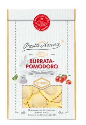 Pasta della Nonna Burrata Pomodoro – Frische Pasta nach Nonnas Originalrezept mit einer feinen Mehlbestäubung und sehr cremiger Füllung, bei der edler Burrata und fruchtige Tomaten miteinander verschmelzen. Molto buono!