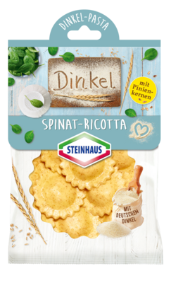 Dinkel-Pasta Spinat Ricotta mit Pinienkernen – Frische Pasta mit 100% Dinkel aus Deutschland. Lecker gefüllt mit cremigem Ricotta und köstlichem Spinat, verfeinert&nbsp;mit nussigen Pinenkernen – das ist Pasta-Freude pur. &nbsp;