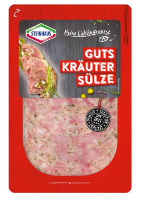 Guts-Kräutersülze – Magere Sülzwurst-Spezialität aus bestem Schweinefleisch mit frischen Kräutern und einer Kümmelnote – frisch aufgeschnitten für den täglichen Genuss.