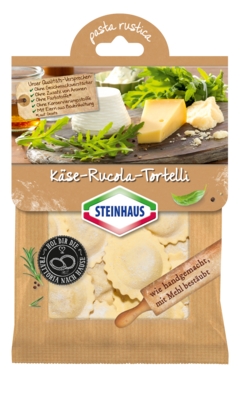 Käse-Rucola-Tortelli – Extra dünner Teig mit einer cremigen Füllung aus Gouda und nussigem Rucola – das ist Pasta wie handgemacht.