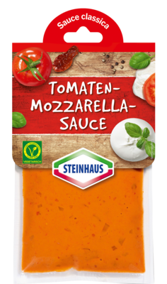 Tomaten Mozzarella Sauce – Mild-cremige Tomatencreme-Sauce mit frischem Mozzarella und sonnengetrockneten Tomaten – der ideale Begleiter zu frischer Pasta.