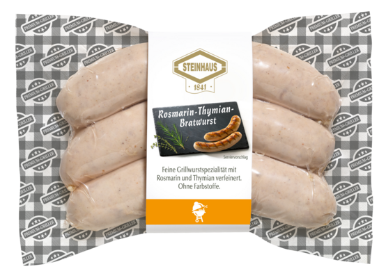Rosmarin-Thymian Bratwurst – Zarte Bratwurst Spezialität aus feinem Schweinefleisch, verfeinert mit wohlschmeckendem Rosmarin und Thymian – für den Hauch von mediterranem für Zuhause.