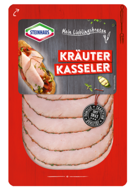 Kräuter Kasseler – Magere Kasseler-Spezialität aus dem Schweinerücken, würzig ummantelt mit erlesenen Kräutern für Abwechslung auf dem Brot – ofenfrisch aufgeschnitten für den täglichen Genuss.