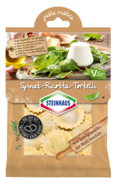 Spinat-Ricotta-Tortelli – Frischer, cremiger Ricotta und leckerer Blattspinat, umhüllt von extra dünnem Teig, mit klassischer Reismehlbestäubung – das ist Pasta wie handgemacht.
