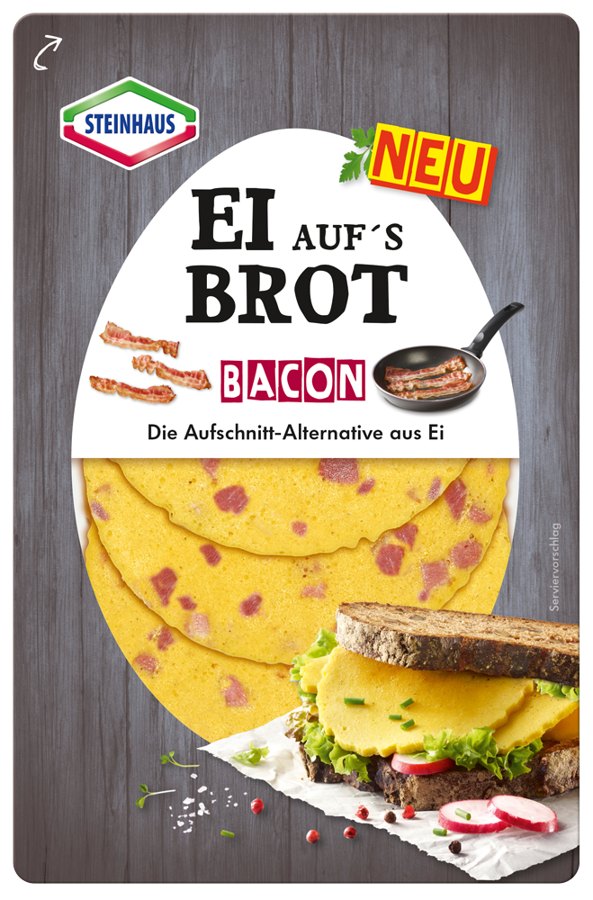 Ei auf's Brot – Bacon 80g – Die außergewöhnliche Aufschnitt-Alternative aus fein-gestocktem Ei und mit würzigem Bacon abgerundet — Ei–nzigartig im Geschmack!