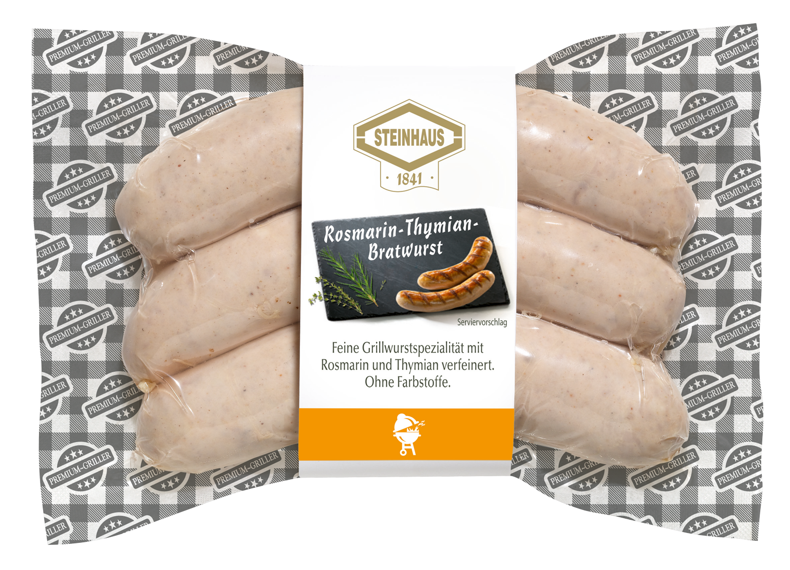 Rosmarin-Thymian Bratwurst – Zarte Bratwurst Spezialität aus feinem Schweinefleisch, verfeinert mit wohlschmeckendem Rosmarin und Thymian – für den Hauch von mediterranem für Zuhause.
