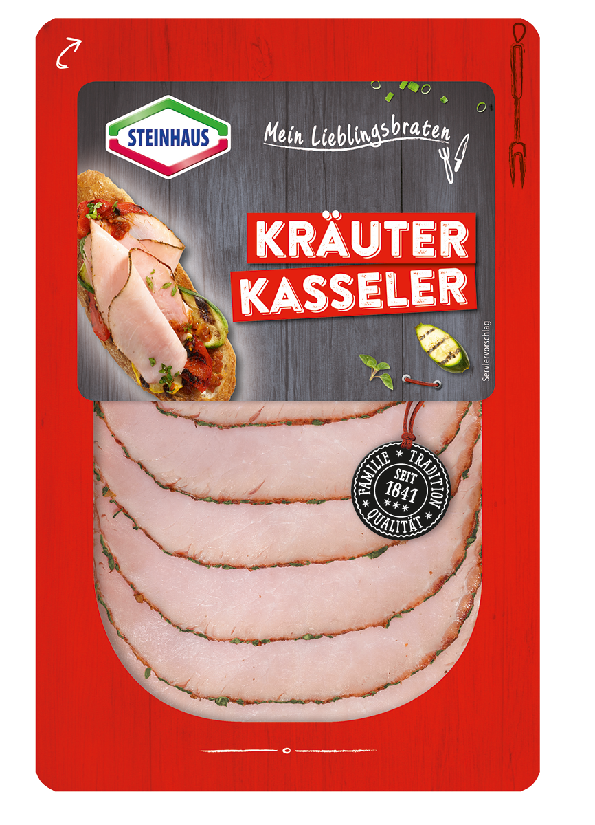 Kräuter Kasseler – Magere Kasseler-Spezialität aus dem Schweinerücken, würzig ummantelt mit erlesenen Kräutern für Abwechslung auf dem Brot – ofenfrisch aufgeschnitten für den täglichen Genuss.