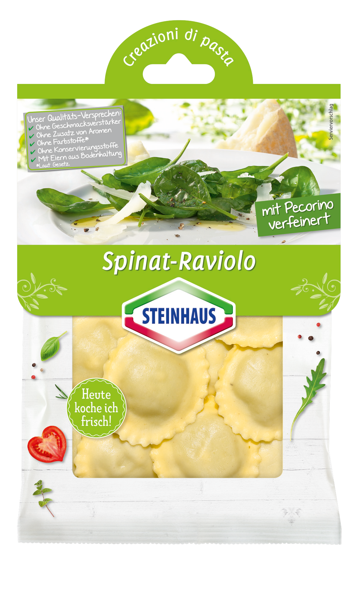Spinat Raviolo – Cremig und würzig zugleich. Frische gefüllte Raviolo mit Blattspinat, Ricotta und Pecorino-Käse – das ist moderner Pastagenuss für jeden Tag.