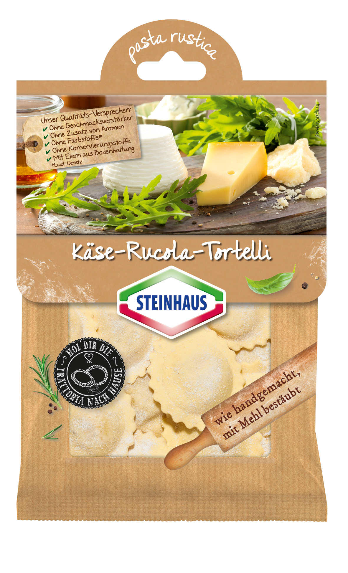 Käse-Rucola-Tortelli – Extra dünner Teig mit einer cremigen Füllung aus Gouda und nussigem Rucola – das ist Pasta wie handgemacht.