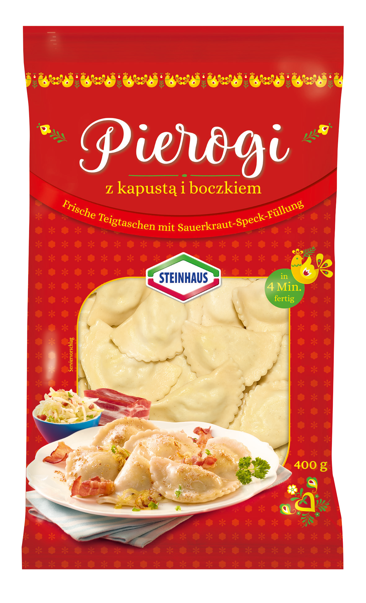 Pierogi Sauerkraut Speck 400g – Deftig rustikal gefüllte Teigtaschen mit Sauerkraut und geräuchertem Speck – eben ein wahrer Klassiker der osteuropäischen Küche.