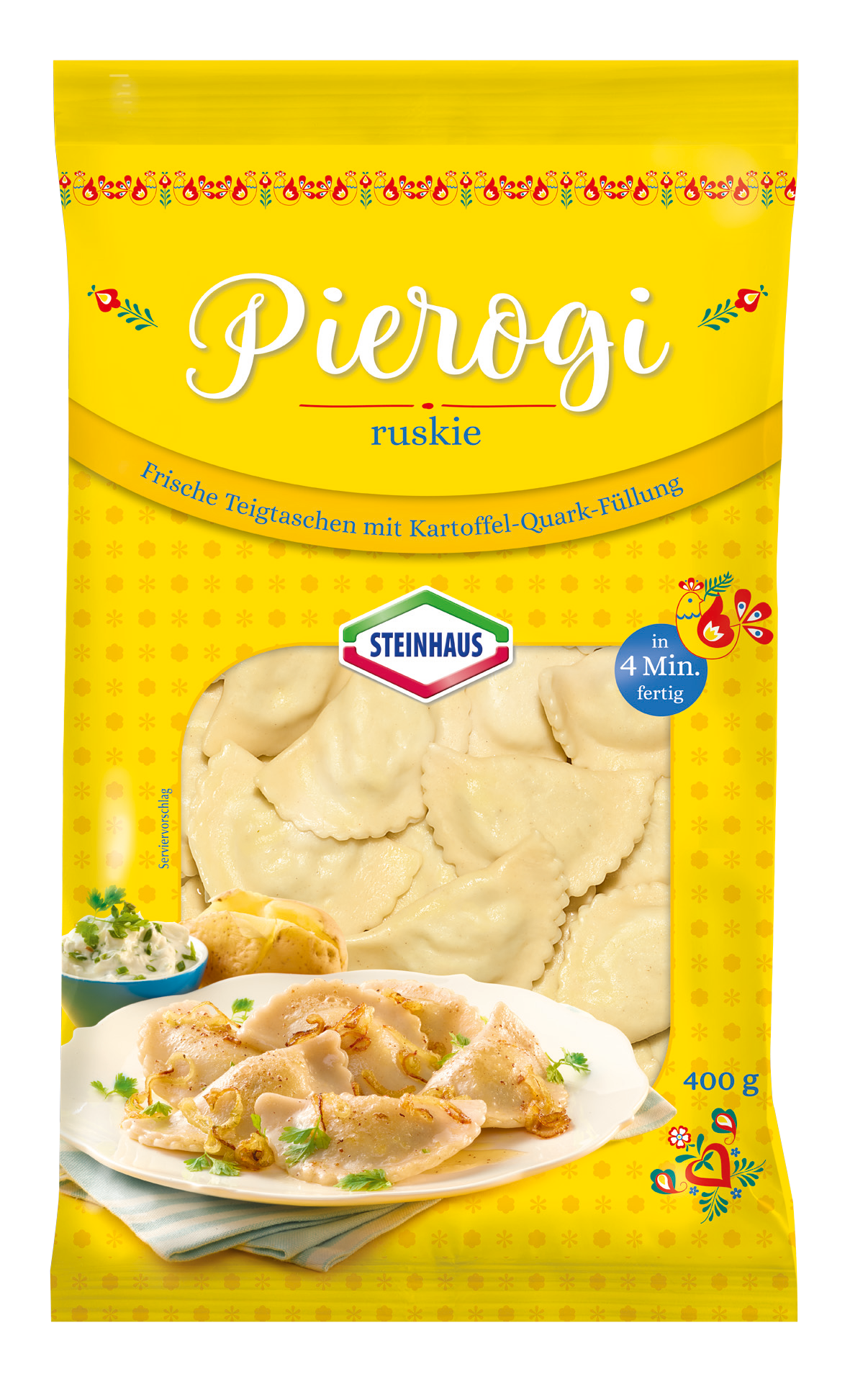 Pierogi Quark Kartoffel 400g – Frische Teigtaschen gefüllt mit Quark und Kartoffeln und raffiniert abgeschmeckt mit gerösteten Zwiebeln – eben ein wahrer Klassiker der osteuropäischen Küche.