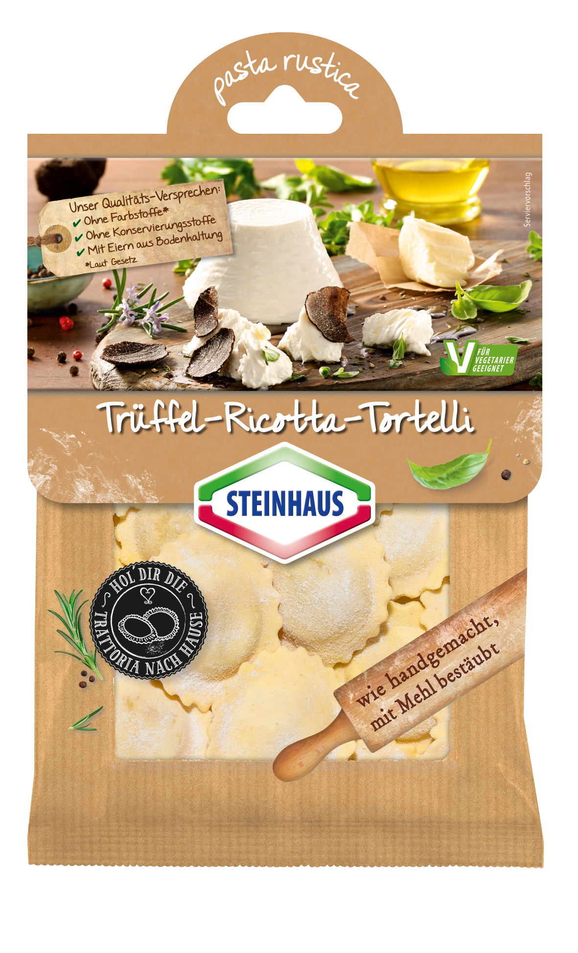 Trüffel-Ricotta Tortelli – Extra dünner Teig und eine cremige Füllung aus Ricotta und feinem Sommertrüffel – das ist Pasta wie handgemacht.