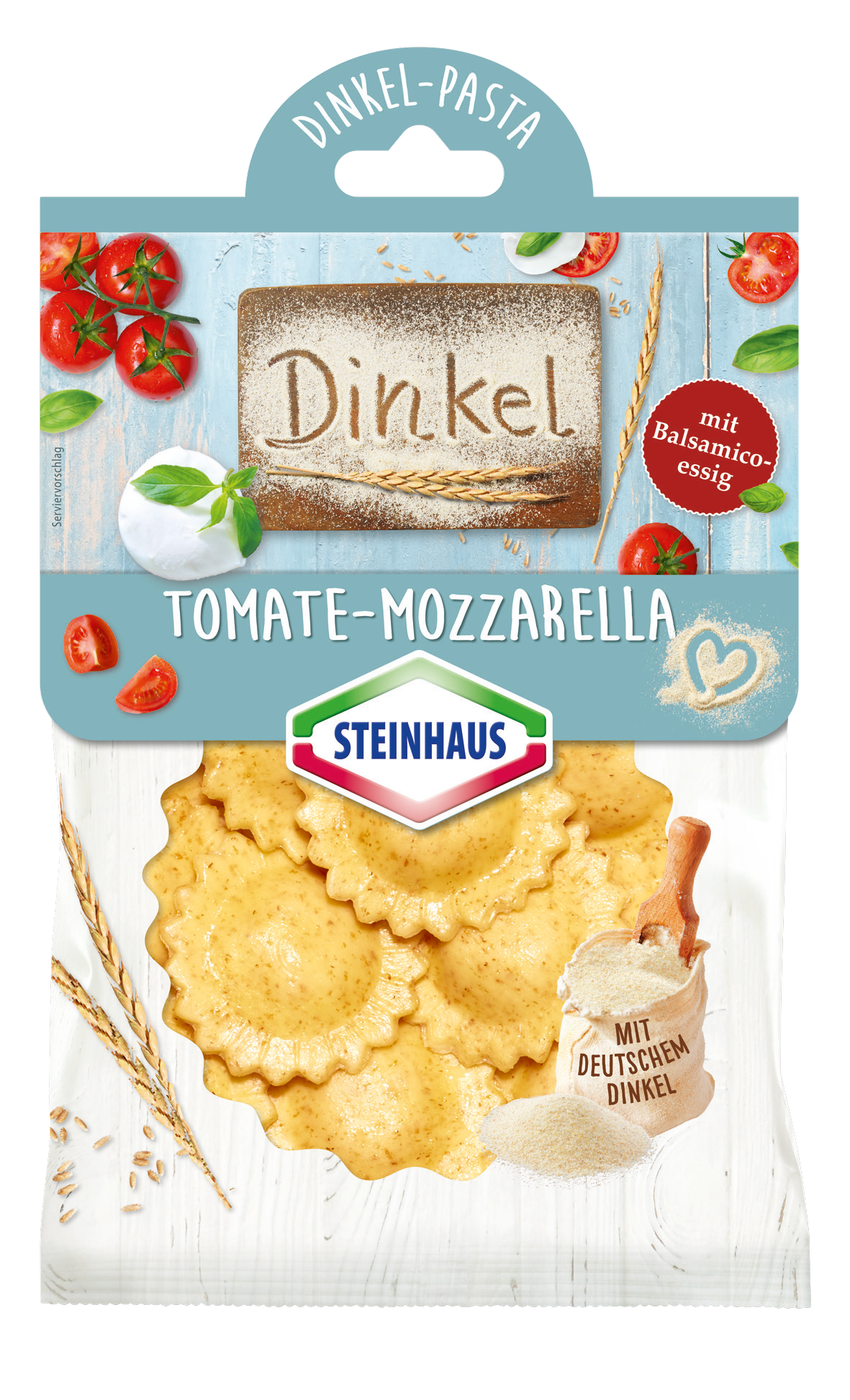 Dinkel-Pasta Tomate Mozzarella – Frische Pasta mit 100 % Dinkel aus Deutschland. Überzeugt mit einer schmackhaften Tomaten-Mozzarella Füllung. Als Genusshighlight mit Balsamicoessig verfeinert – das ist Pasta Freude pur.
