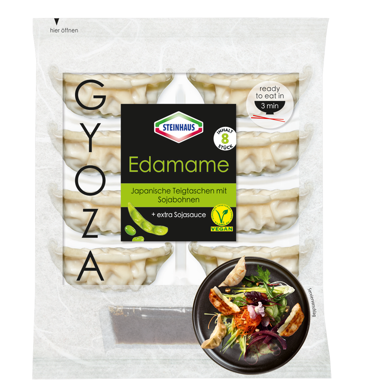 Gyoza Edamame – Frische Teigtaschen mit 66% sojabohnenkernhaltiger Füllung und Sojasauce